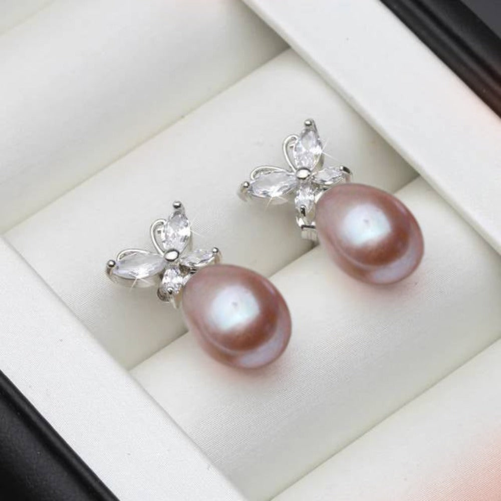 Genuine White Freshwater Pearl & Simulated Diamond Butterfly Stud Earrings-6